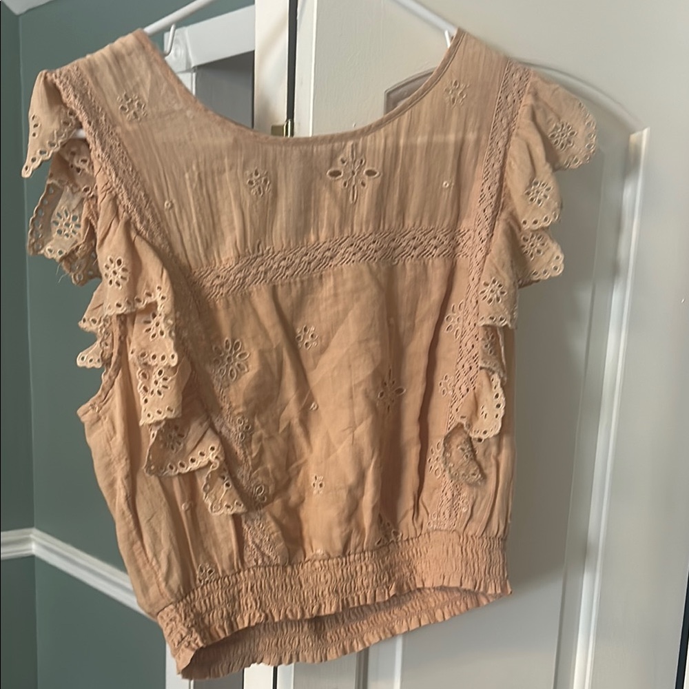 Embroidered Ruffle Sleeve Top - Tan